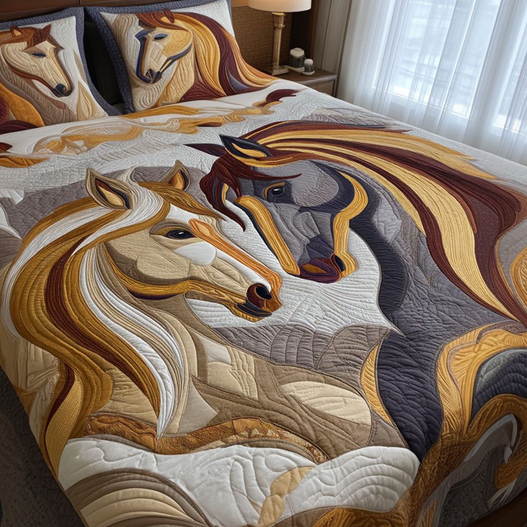 Spirit of the Plains quilted 3-piece bedding set on a made bed with two matching pillow shams