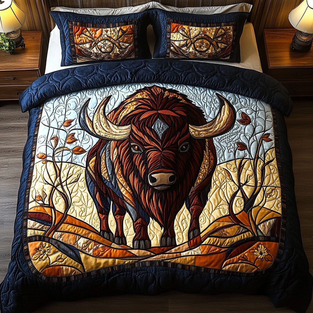 Spirit of the Plains quilted 3-piece bedding set on a made bed with two matching pillow shams