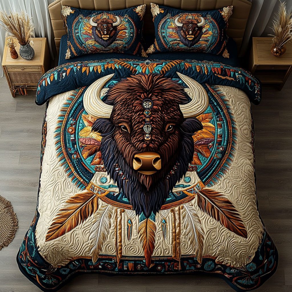 Spirit of the Plains quilted 3-piece bedding set on a made bed with two matching pillow shams