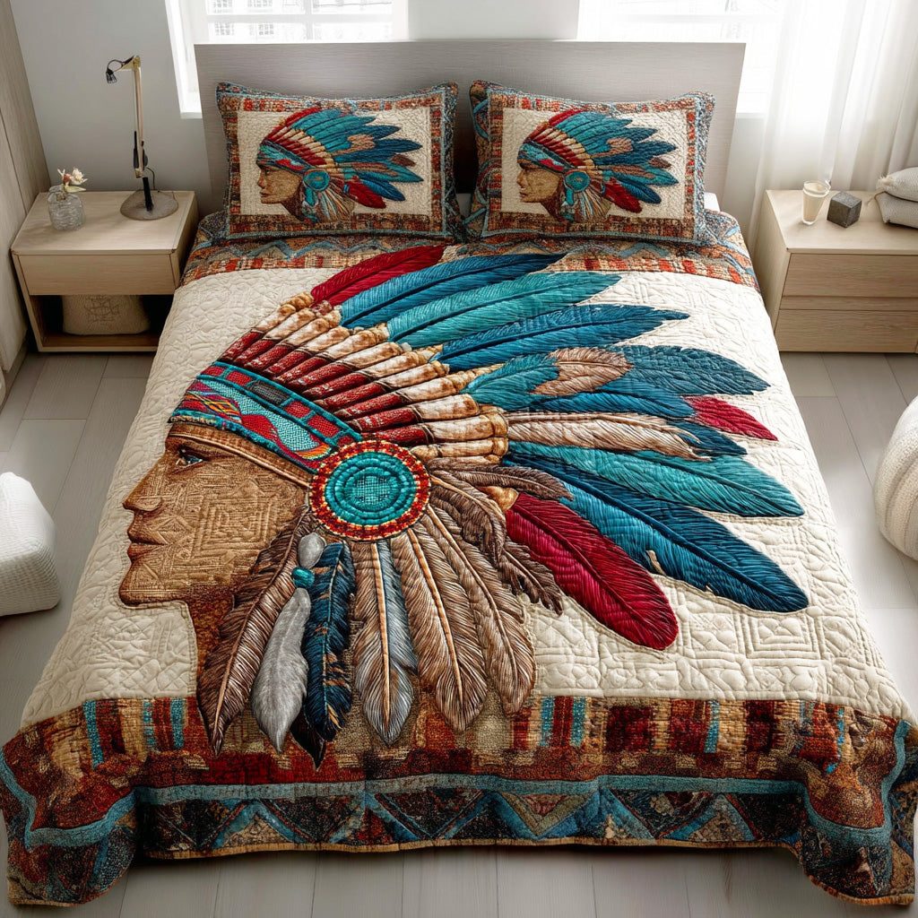 Spirit of the Plains quilted 3-piece bedding set on a made bed with two matching pillow shams