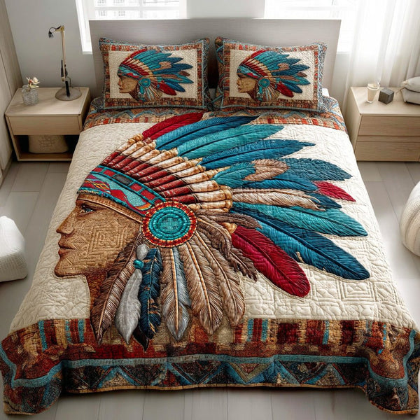 Spirit of the Plains quilted 3-piece bedding set on a made bed with two matching pillow shams