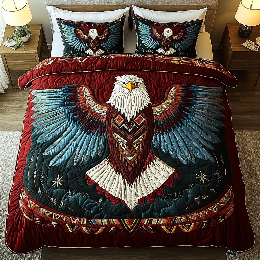 Spirit of the Sky quilted 3-piece bedding set on a made bed with two matching pillow shams