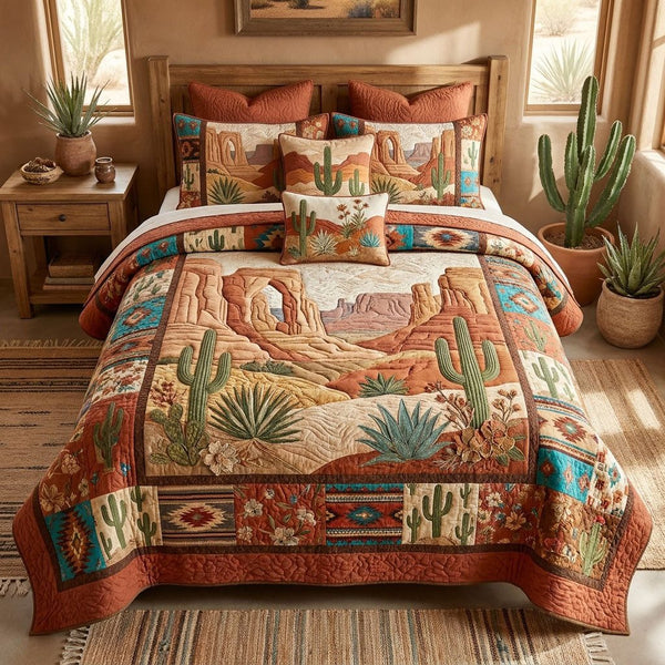 Spirit of the Southwest quilted 3-piece bedding set on a made bed with two matching pillow shams