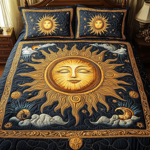 Spirit Of The Sun quilted 3-piece bedding set on a made bed with two matching pillow shams