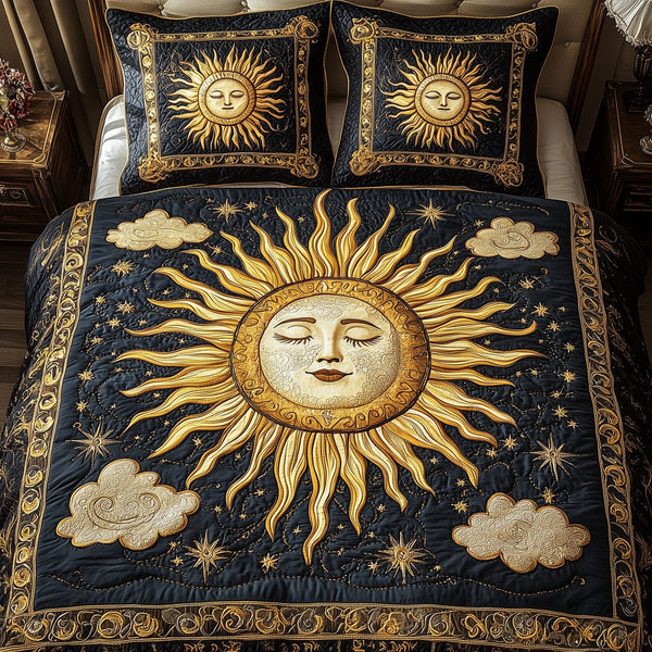 Spirit Of The Sun quilted 3-piece bedding set on a made bed with two matching pillow shams