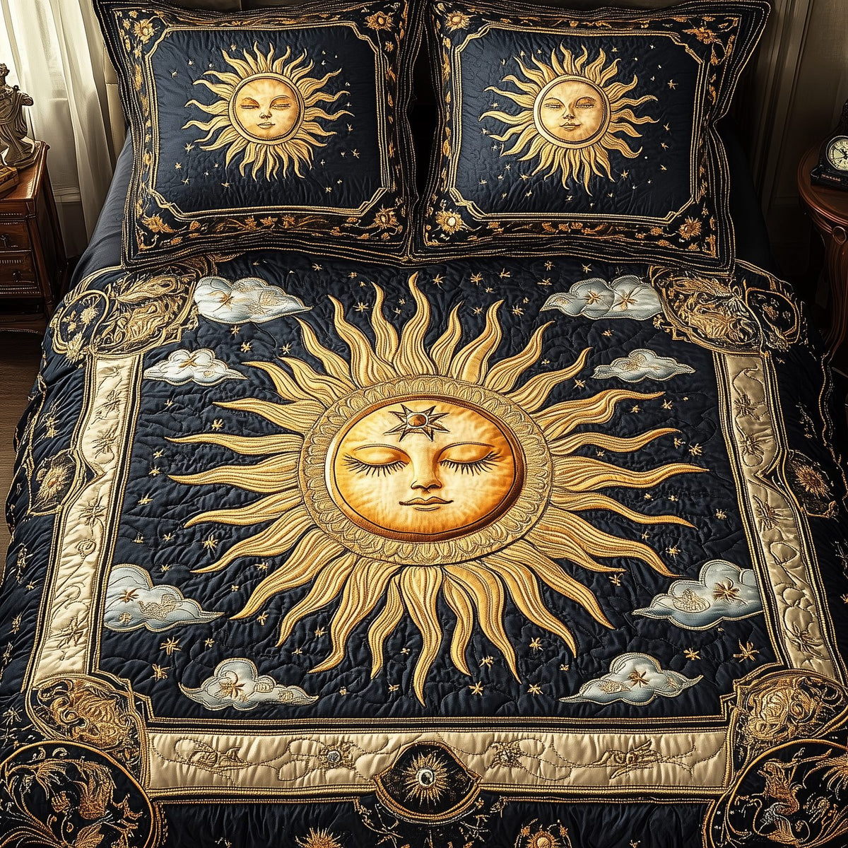 Spirit Of The Sun quilted 3-piece bedding set on a made bed with two matching pillow shams