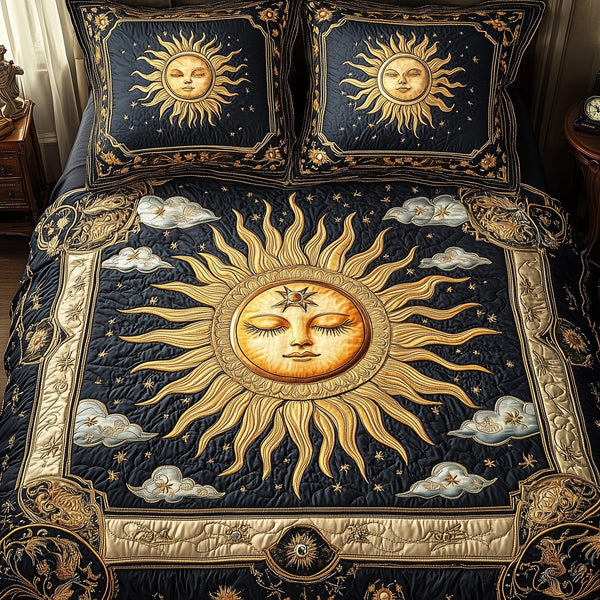 Spirit Of The Sun quilted 3-piece bedding set on a made bed with two matching pillow shams