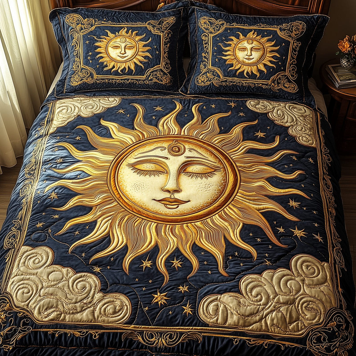 Spirit Of The Sun quilted 3-piece bedding set on a made bed with two matching pillow shams