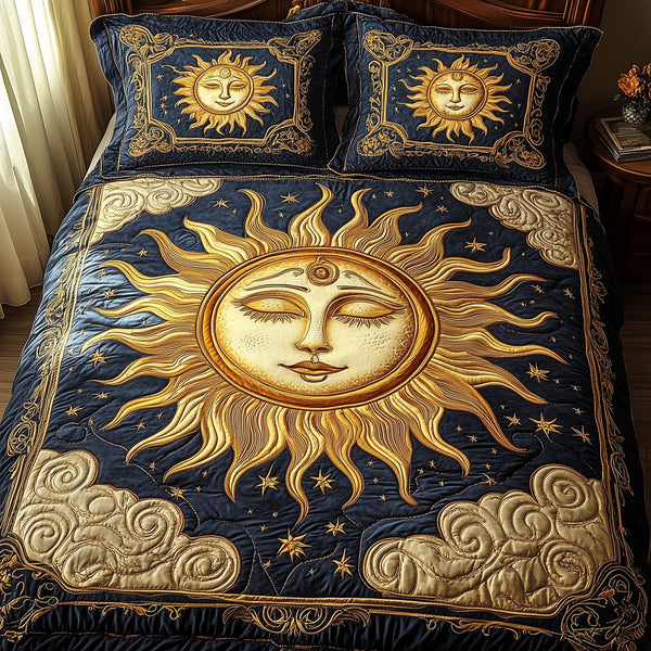 Spirit Of The Sun quilted 3-piece bedding set on a made bed with two matching pillow shams