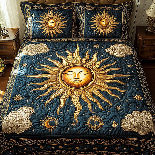 Spirit Of The Sun quilted 3-piece bedding set on a made bed with two matching pillow shams