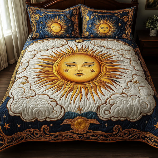 Spirit Of The Sun quilted 3-piece bedding set on a made bed with two matching pillow shams