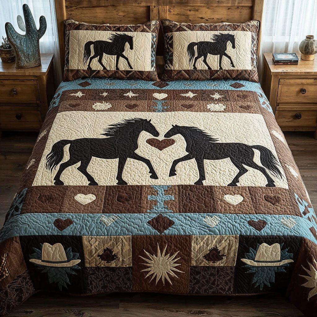 Spirit of the Wild Pair quilted 3-piece bedding set on a made bed with two matching pillow shams
