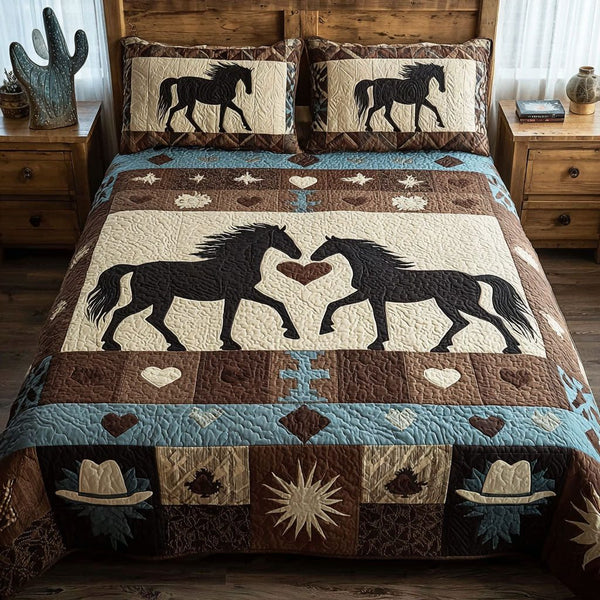 Spirit of the Wild Pair quilted 3-piece bedding set on a made bed with two matching pillow shams