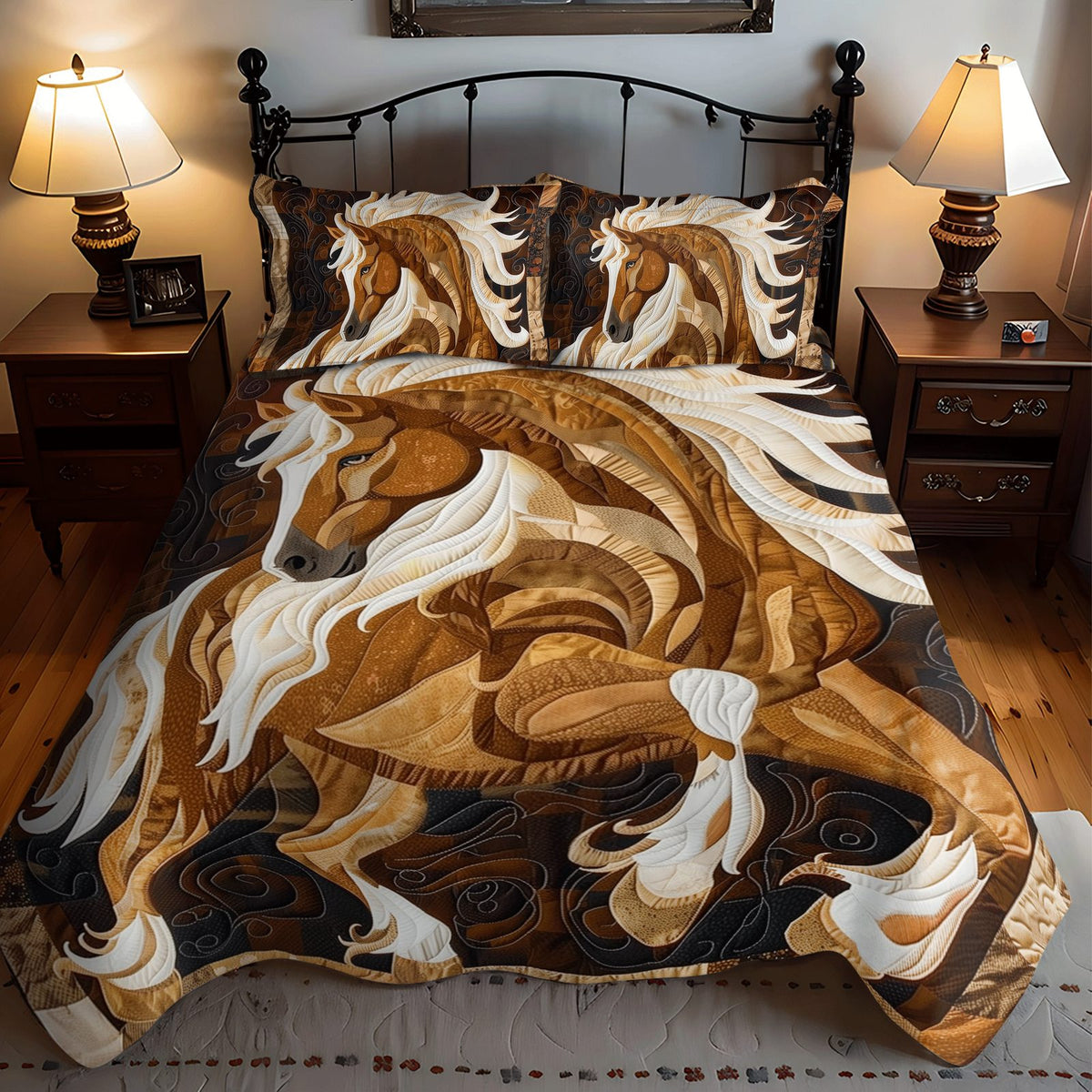 Spirit Of The Wild quilted 3-piece bedding set on a made bed with two matching pillow shams