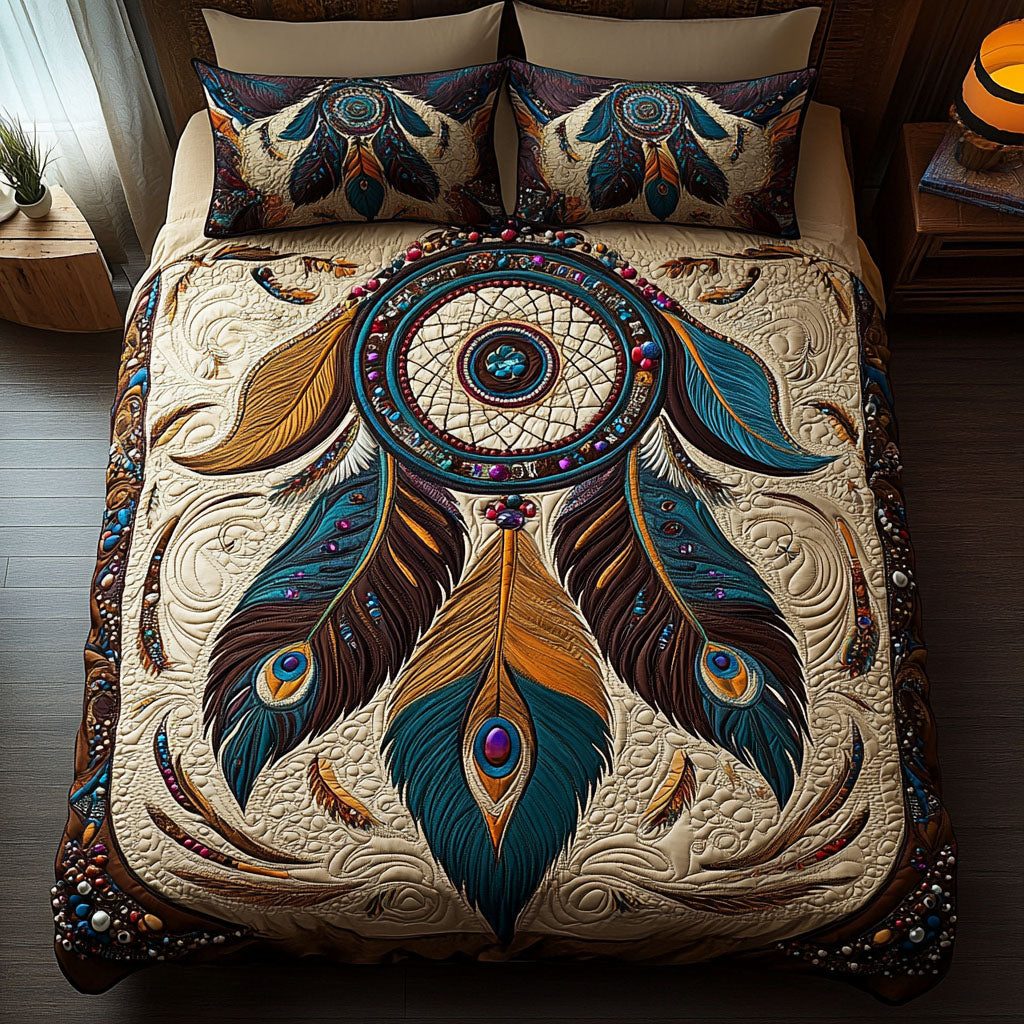 Spirit of the Wind quilted 3-piece bedding set on a made bed with two matching pillow shams