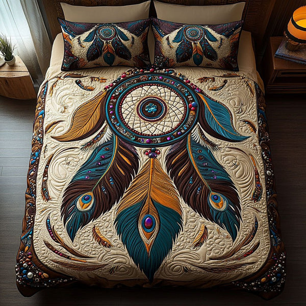 Spirit of the Wind quilted 3-piece bedding set on a made bed with two matching pillow shams