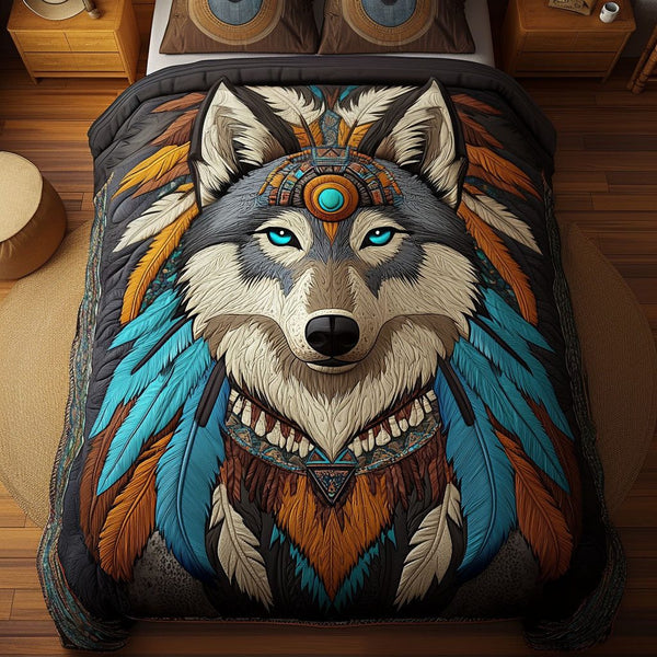 Spirit of the Wolf quilted 3-piece bedding set on a made bed with two matching pillow shams