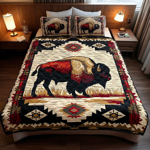 Spirit Path quilted 3-piece bedding set on a made bed with two matching pillow shams