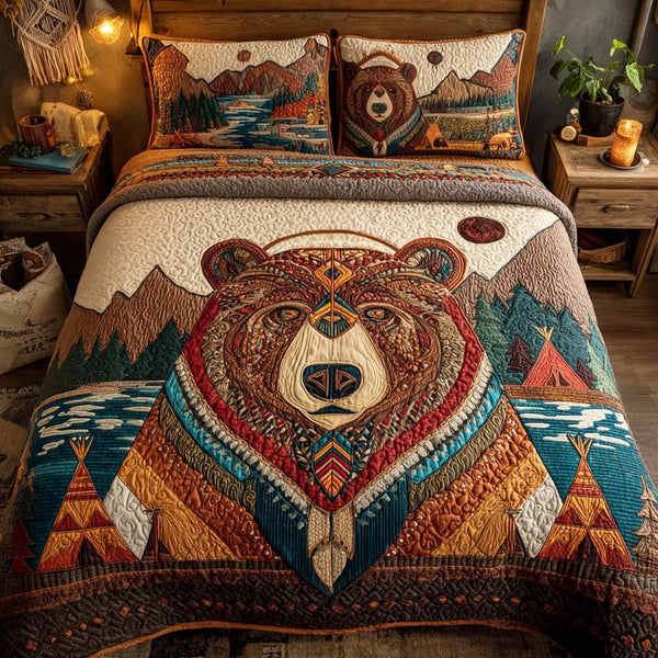 Spirit Paw quilted 3-piece bedding set on a made bed with two matching pillow shams