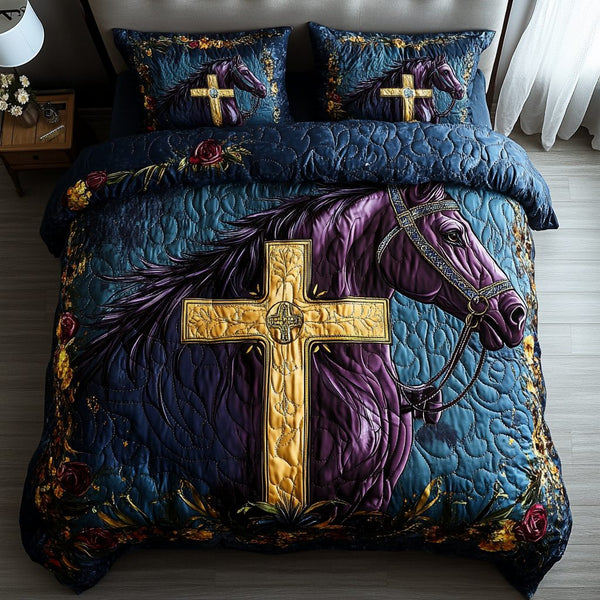 Spirit Reins quilted 3-piece bedding set on a made bed with two matching pillow shams