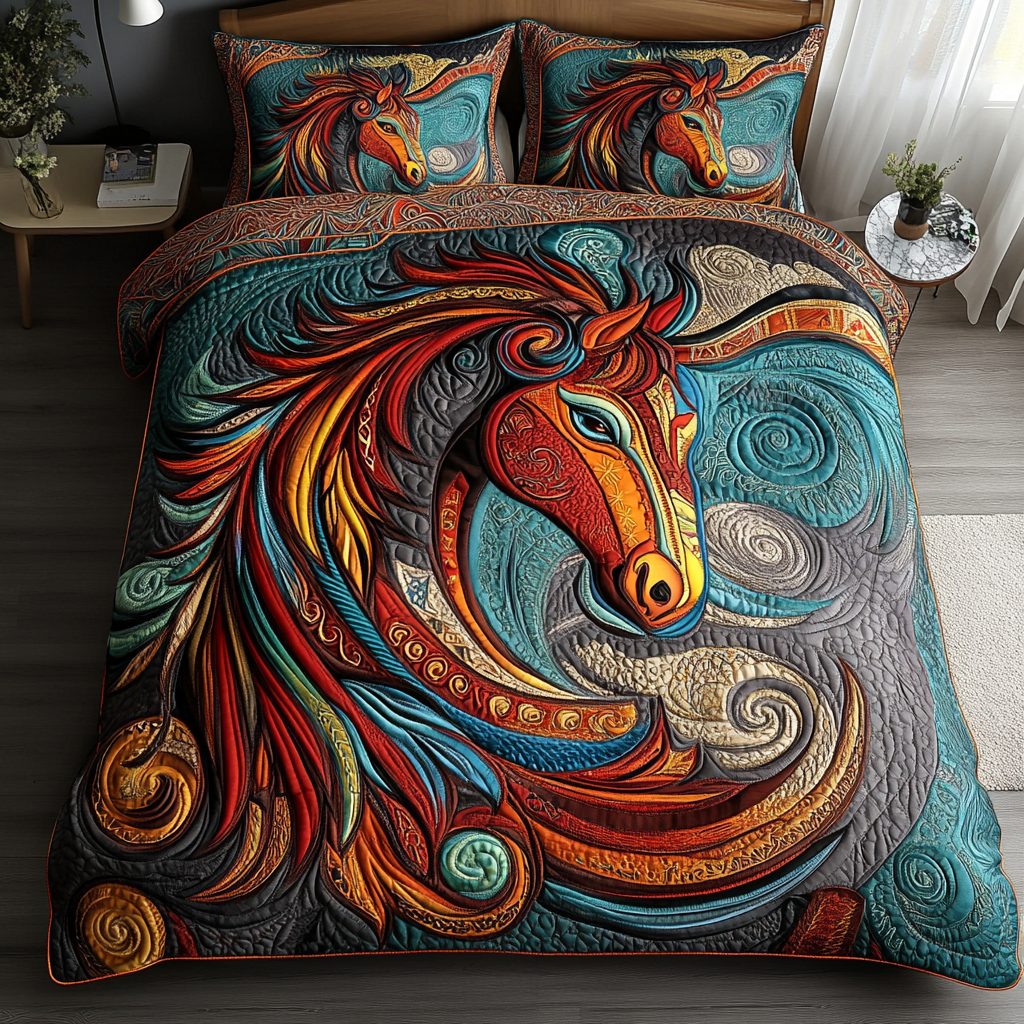 Spirit Rider quilted 3-piece bedding set on a made bed with two matching pillow shams