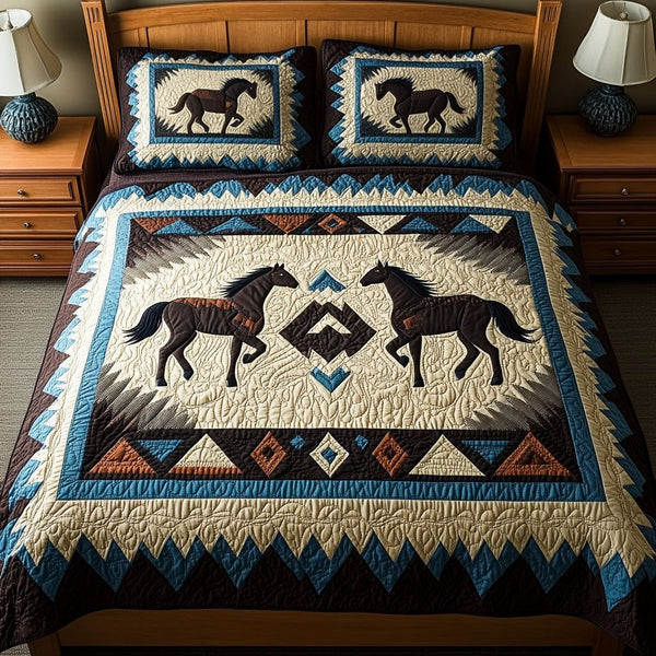 Spirit Rider quilted 3-piece bedding set on a made bed with two matching pillow shams