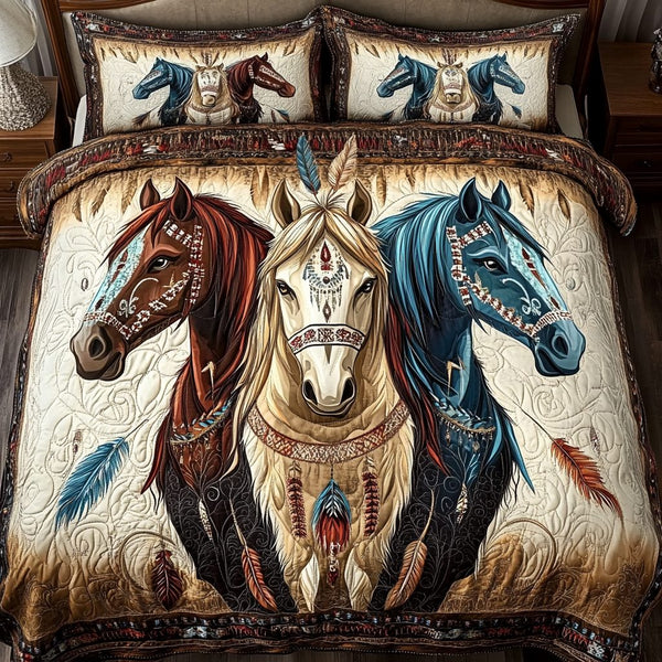 Spirit Rider quilted 3-piece bedding set on a made bed with two matching pillow shams