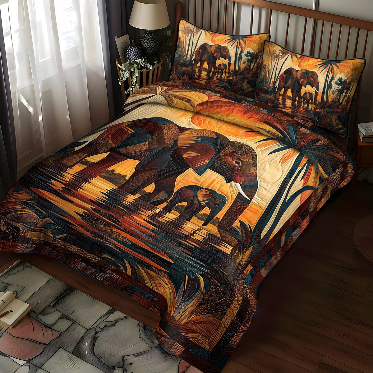 Spirit Rider Quilted quilted 3-piece bedding set on a made bed with two matching pillow shams