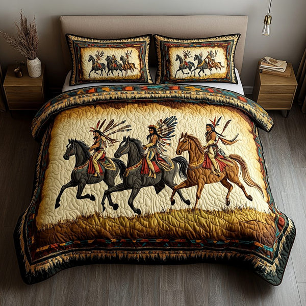 Spirit Riders Quilt quilted 3-piece bedding set on a made bed with two matching pillow shams