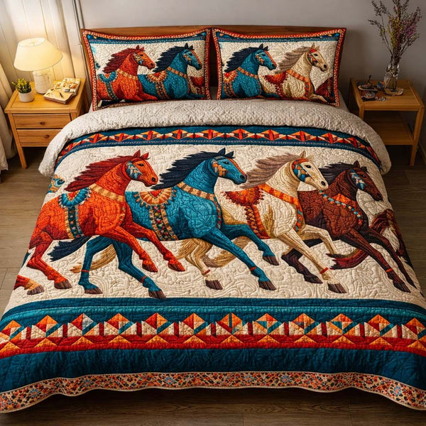 Spirit Run quilted 3-piece bedding set on a made bed with two matching pillow shams