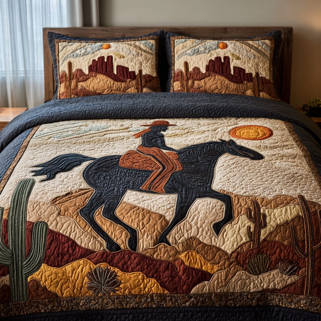 Spirit Run quilted 3-piece bedding set on a made bed with two matching pillow shams