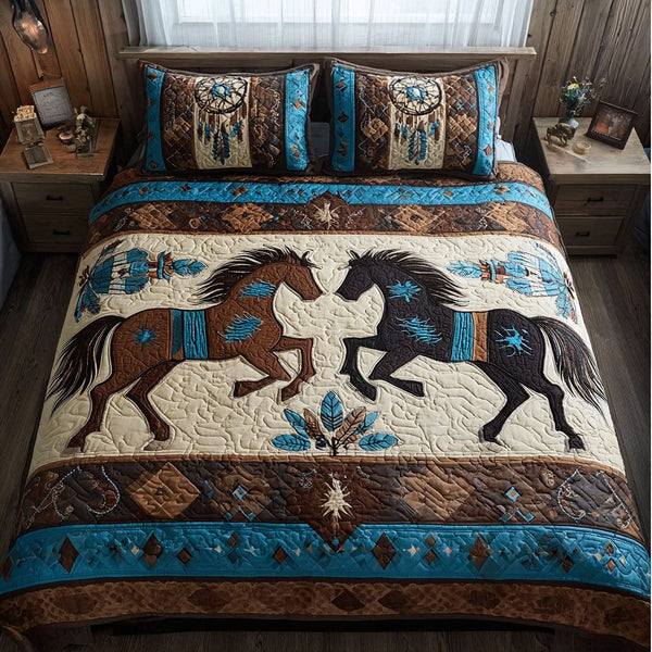 Spirit Stallion quilted 3-piece bedding set on a made bed in a rustic timber bedroom