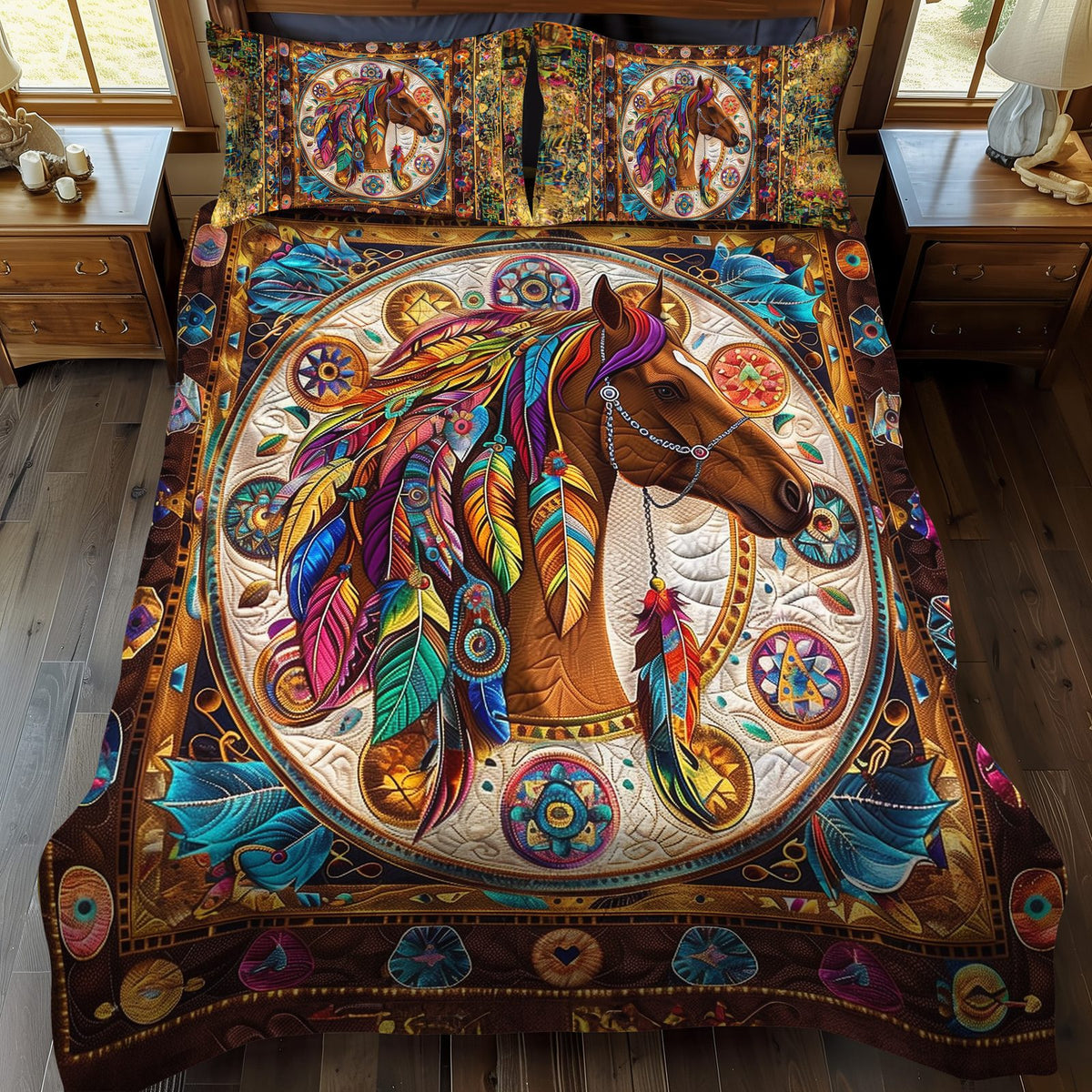Spirit Steed quilted 3-piece bedding set on a made bed with two matching pillow shams
