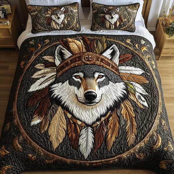 Spirit Tracker quilted 3-piece bedding set on a made bed with two matching pillow shams