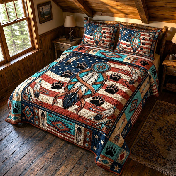 Spirit Trails quilted 3-piece bedding set on a made bed with two matching pillow shams