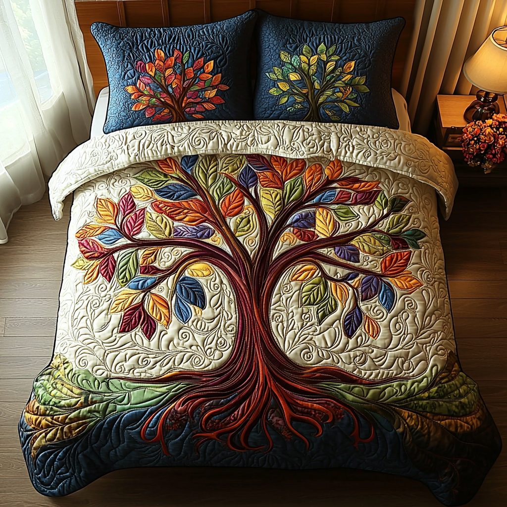 Spirit Tree quilted 3-piece bedding set on a made bed with two matching pillow shams