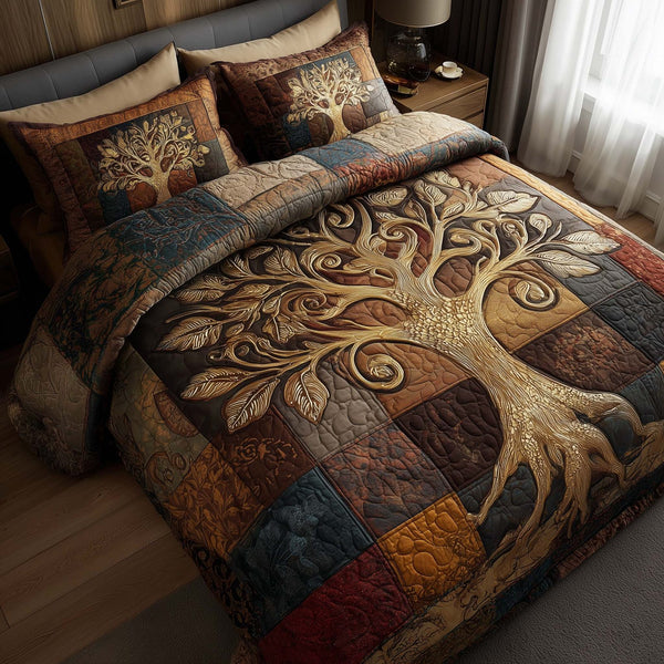 Spirit Trunk quilted 3-piece bedding set on a made bed with two matching pillow shams
