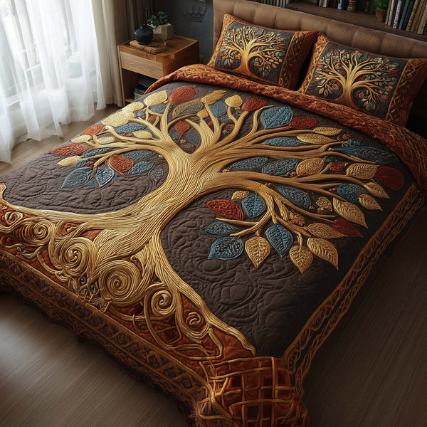 Spirit Trunk quilted 3-piece bedding set on a made bed with two matching pillow shams