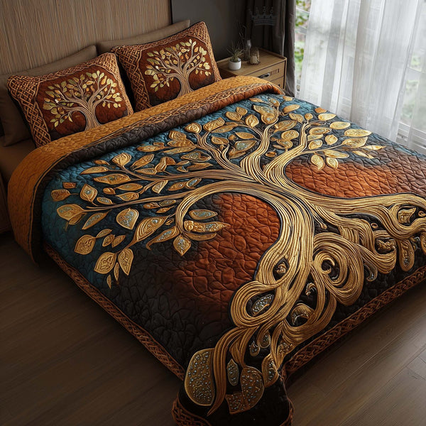 Spirit Trunk quilted 3-piece bedding set on a made bed with two matching pillow shams