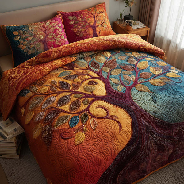 Spirit Trunk quilted 3-piece bedding set on a made bed with two matching pillow shams