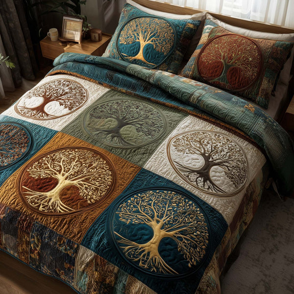 Spirit Trunk quilted 3-piece bedding set on a made bed with two matching pillow shams