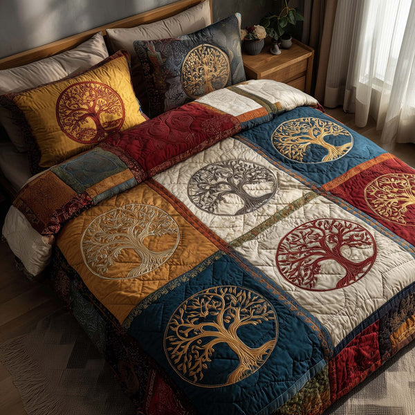 Spirit Trunk quilted 3-piece bedding set on a made bed with two matching pillow shams