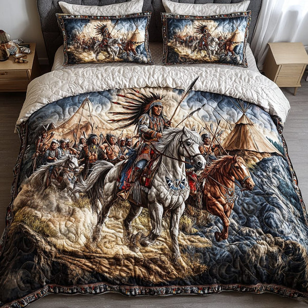 Spirit Warrior quilted 3-piece bedding set on a made bed with two matching pillow shams