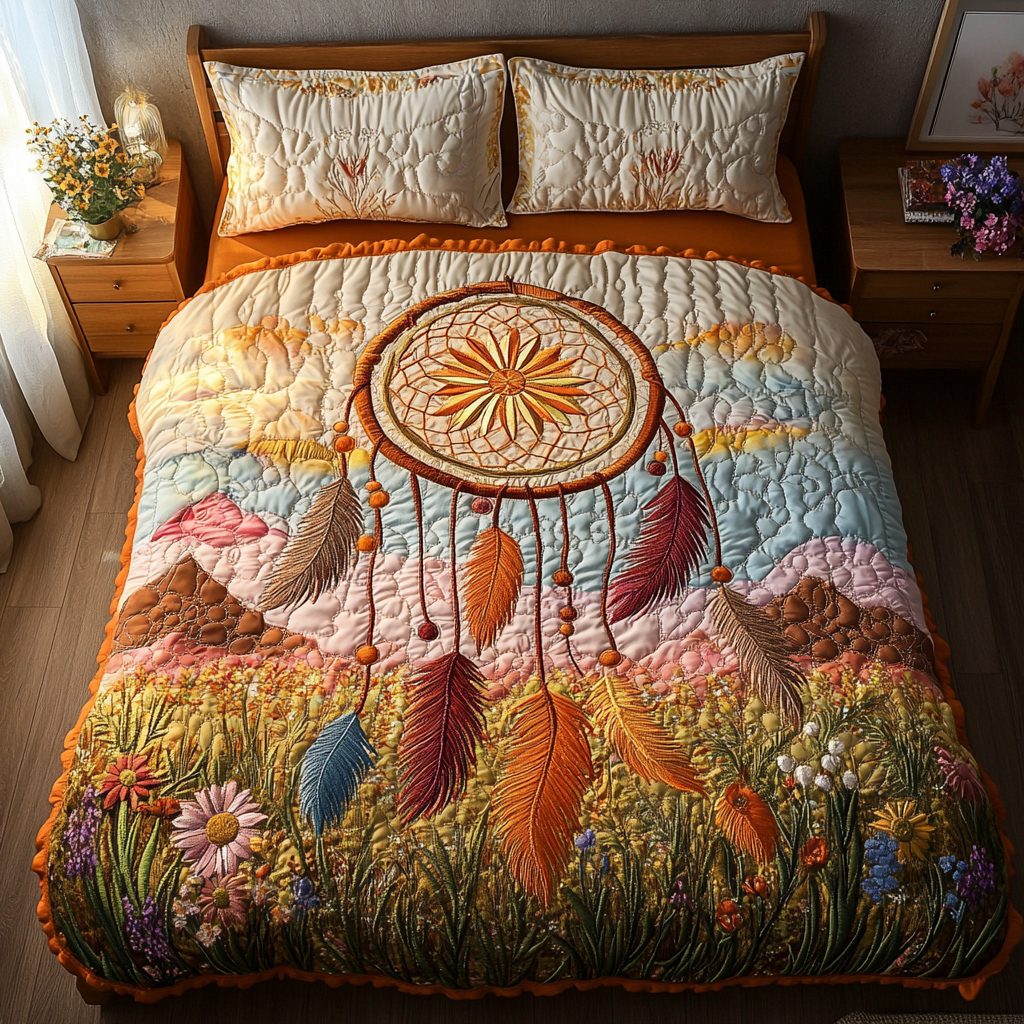 Spirit Weaver quilted 3-piece bedding set on a made bed with two matching pillow shams