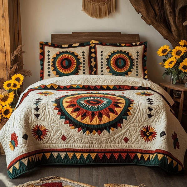 Spirit Whisper quilted 3-piece bedding set on a made bed with two matching pillow shams