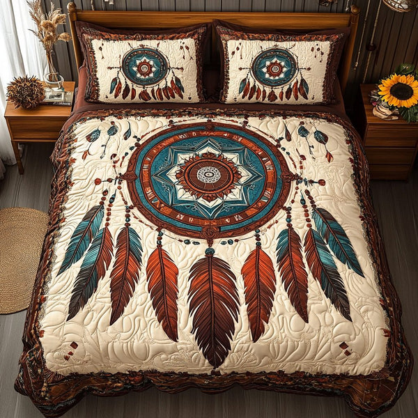 Spirit Whisper quilted 3-piece bedding set on a made bed with two matching pillow shams