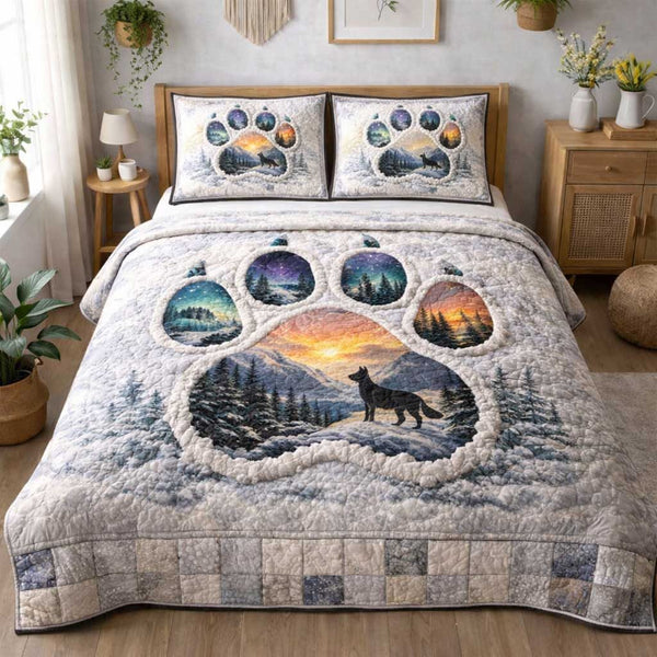 Spirit Wolf quilted 3-piece bedding set on a made bed with two matching pillow shams