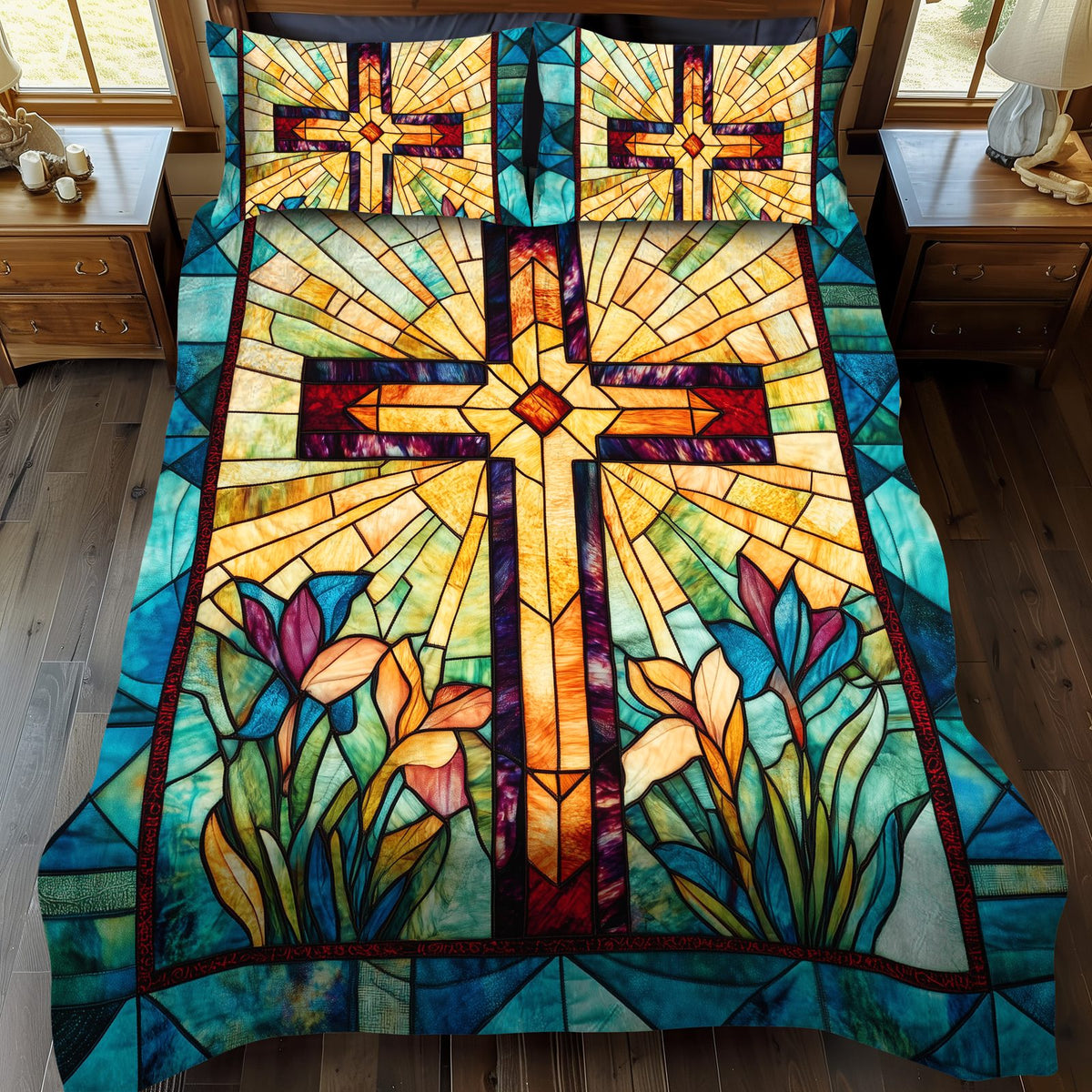 Spiritual Cross quilted 3-piece bedding set on a made bed in a softly lit bedroom