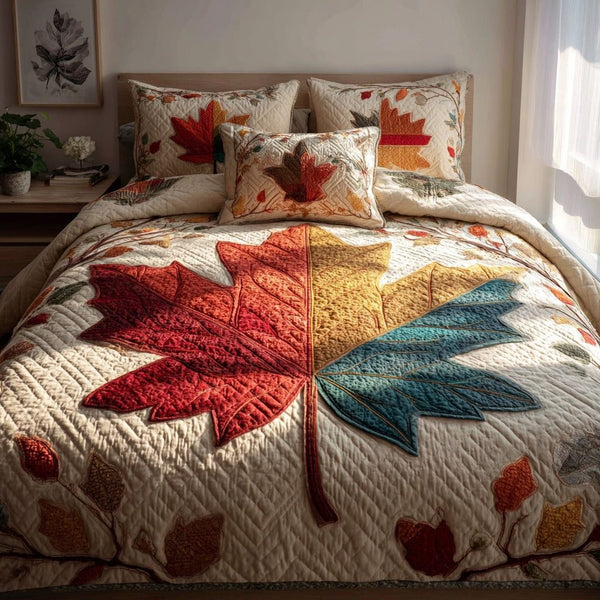 Splendid Leaf Center quilted 3-piece bedding set on a made bed with two matching pillow shams