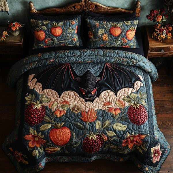 Spooky Bat quilted 3-piece bedding set on a made bed against a dark styled interior